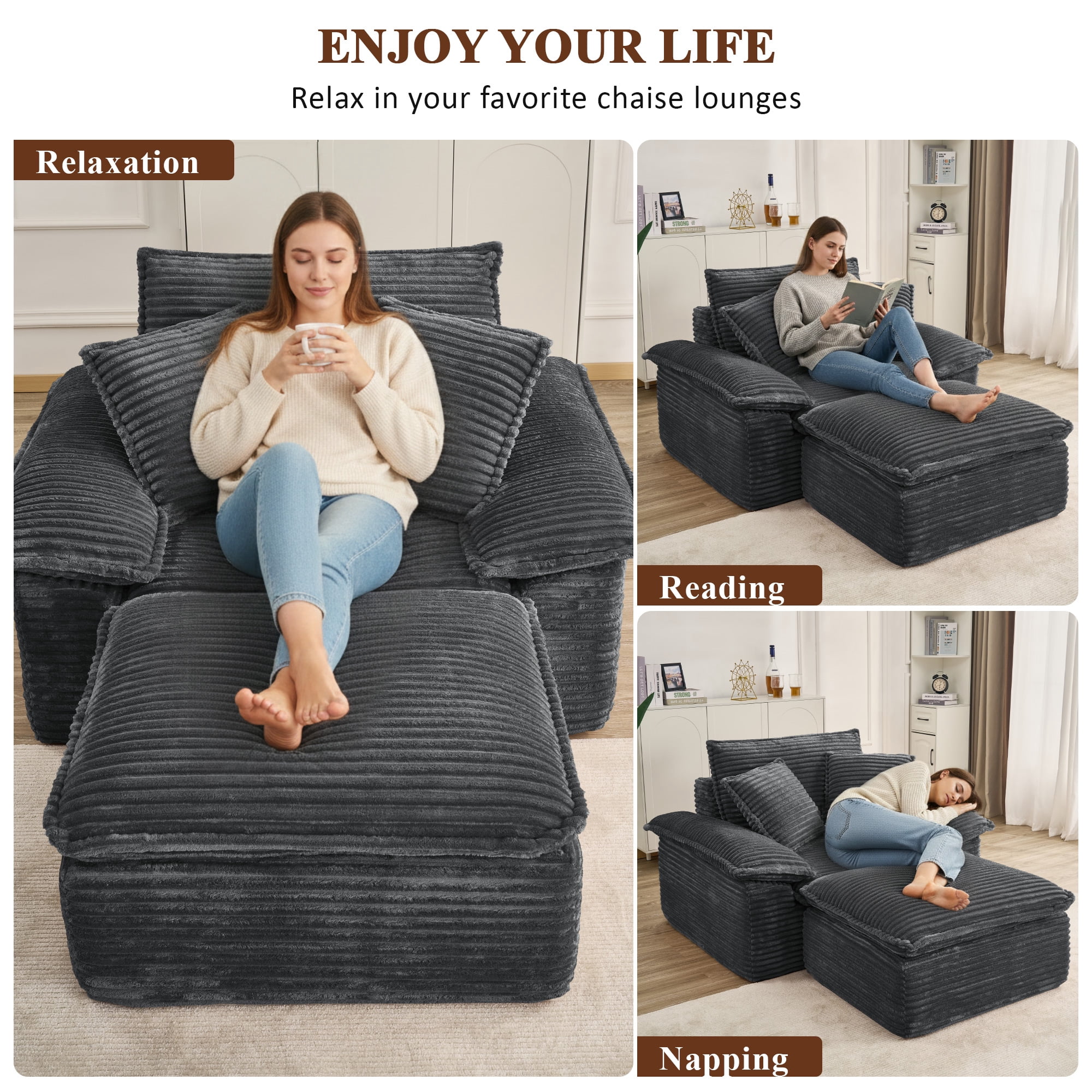 Aukfa 63.5" Oversized Chaise Lounge Sofa with Movable 2-Layer Ottoman, Deep Seat Boneless Couch, Corduroy Lounge Chair, Dark Gray