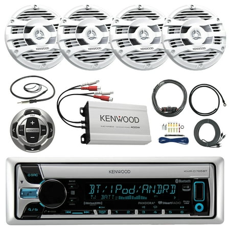 21' - 29' Pontoon Boat Marine System: Kenwood KMR-D765BT Bluetooth Receiver, 4 x 6.5" Speakers, 4 Channel Amplifer, Kenwood Wired Remote, T-spec v8 SERIES Amp Installation Kit, Enrock Radio Antenna