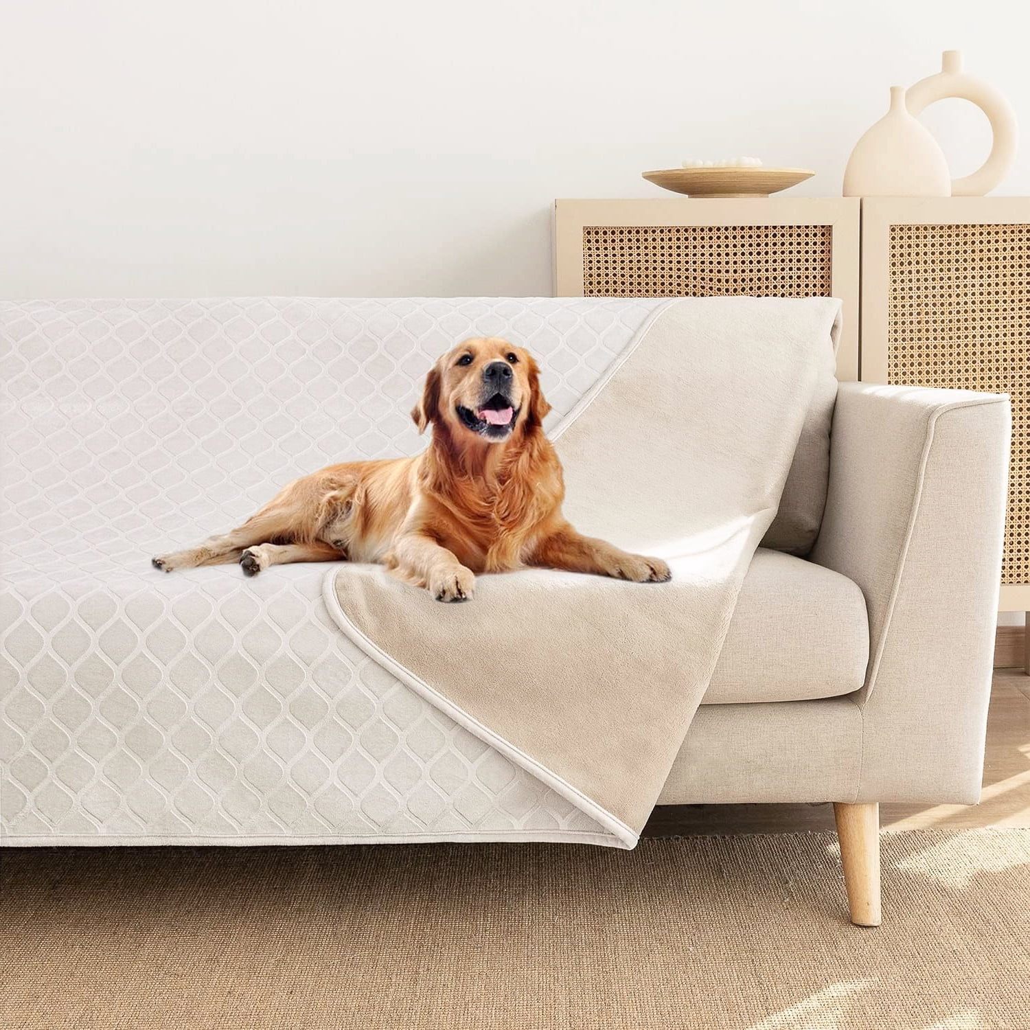 Waterproof Dog Blanket Bed Cover in Cream and Beige, Large 82 x 102 Inch Cozy Pet Throw