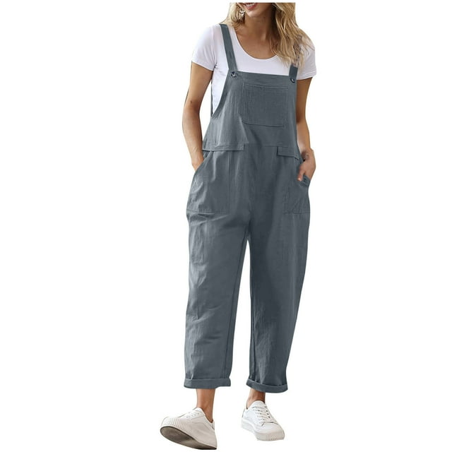UPPADA Salopette Cargo Sans Manches pour Femme à Encolure Carrée Combinaison Cargo Décontractée Ample à Bretelles Ajustables Bavette Longue Pantalon Jogger Combinaisons avec Poches Gris, TG