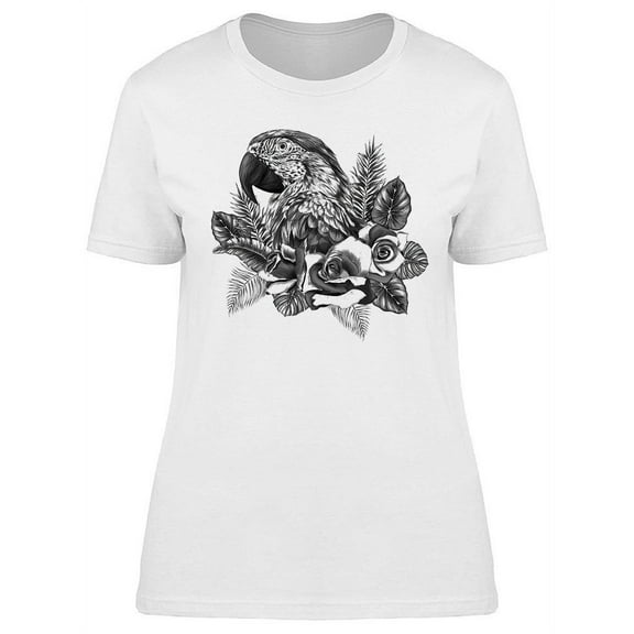 Macaw Parrot And Flowers Sketch T-Shirt Women -Image by Shutterstock, Female Large