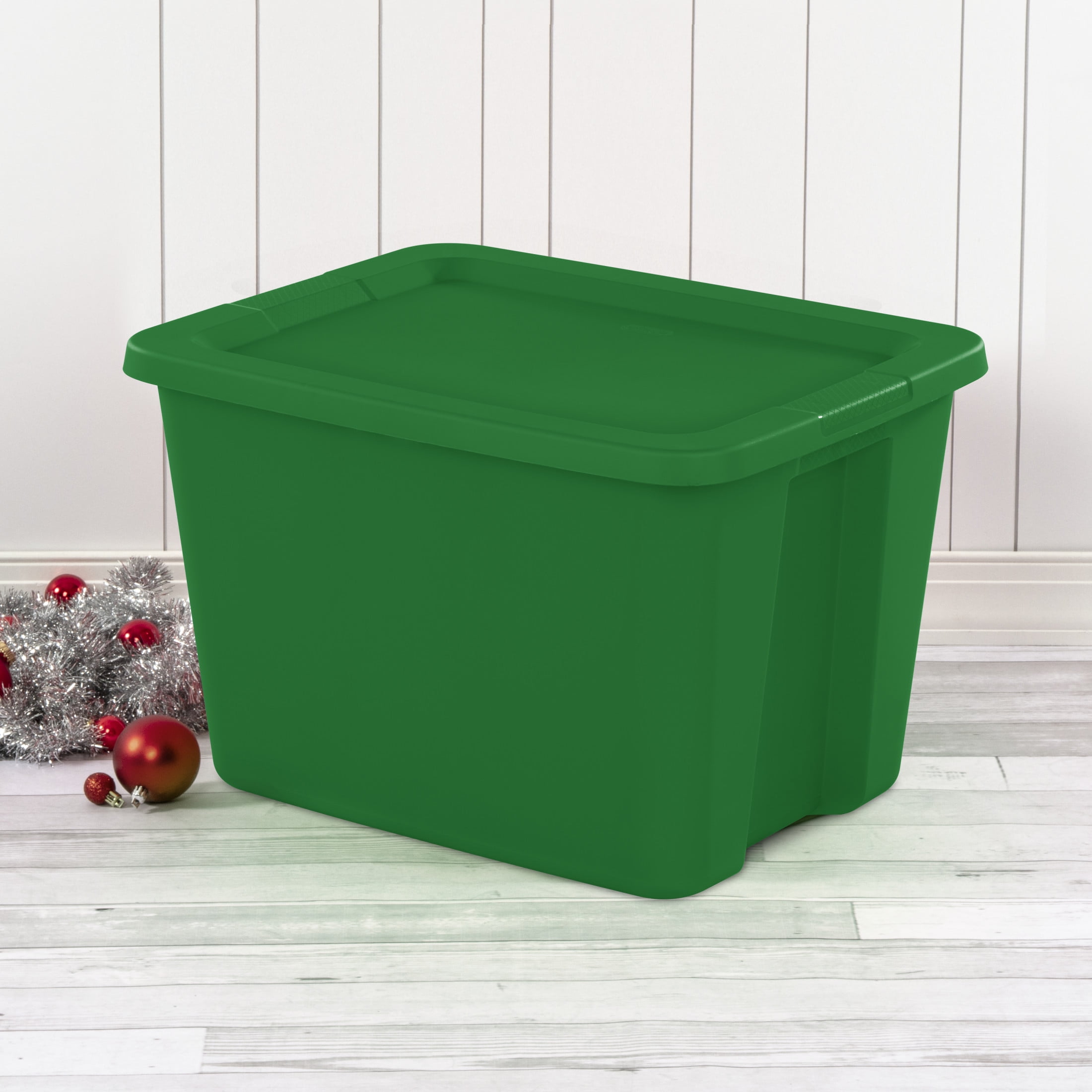 Sterilite 18 Gallon Tote, Plastic Christmas Storage Bin with Snap-on Lid, Ideal for Holiday Linens, Décor, Keepsakes and More, Green