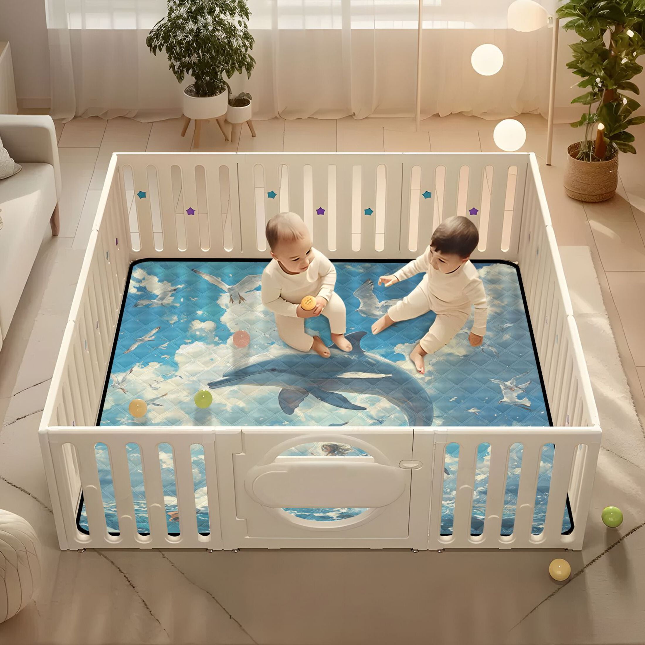 WOBOGO Dolphins Collide with Seagulls Baby Playmats Extra Large Waterproof Rollable Activity Pads for Toddlers 50×50inch