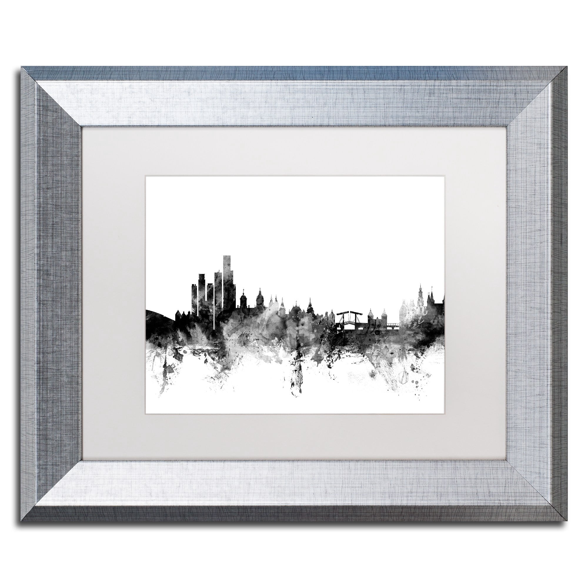 Trademark Fine Art "Amsterdam Skyline B&W" Canvas Art by Michael Tompsett, White Matte, Silver Frame
