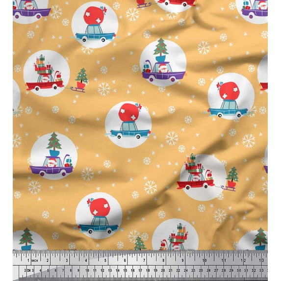 Soimoi Cotton Jersey Fabric Gift Box,Car & Santa Christmas Print Fabric by The Yard 58 Inch Wide