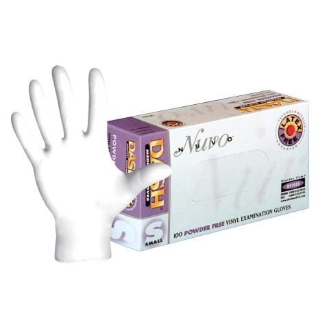DASH Nuvo Super Stretch Vinyl Disposable Gloves, White, 2.4 mil, Box of 100 (XL)