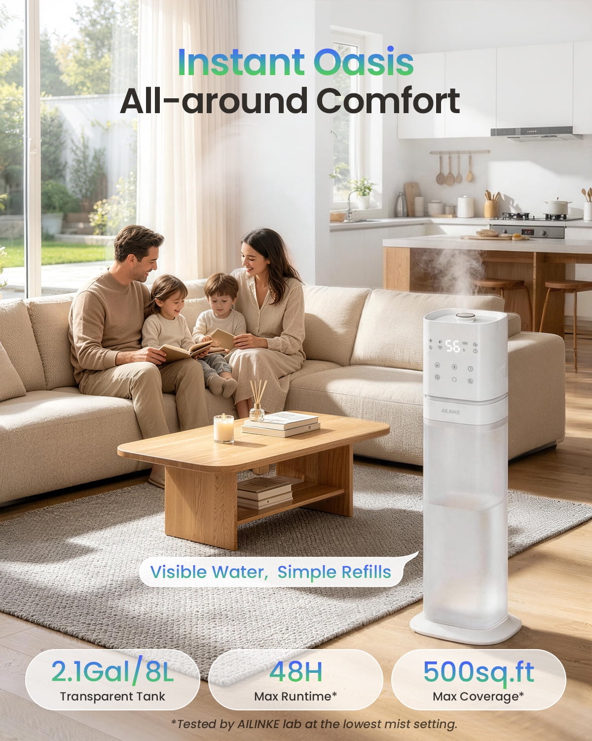 Smart Humidifier Large Room, 2.1Gal/8L Humidifiers for Room Bedroom, Whole House Cool Mist Humidifiers, White