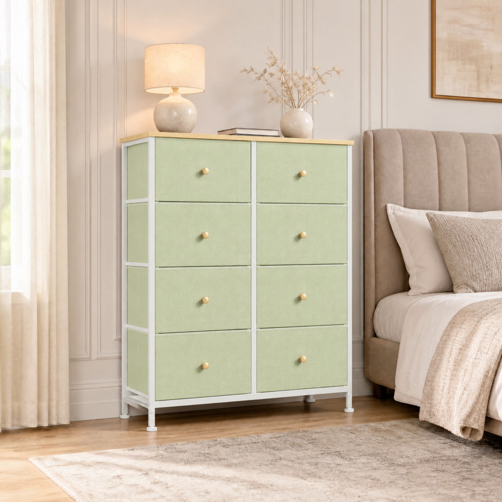 Telyra 8-Drawer Fabric Dresser Tall Storage Tower with Wood Top and Steel Frame Bedroom Closet Organizer, Light Green
