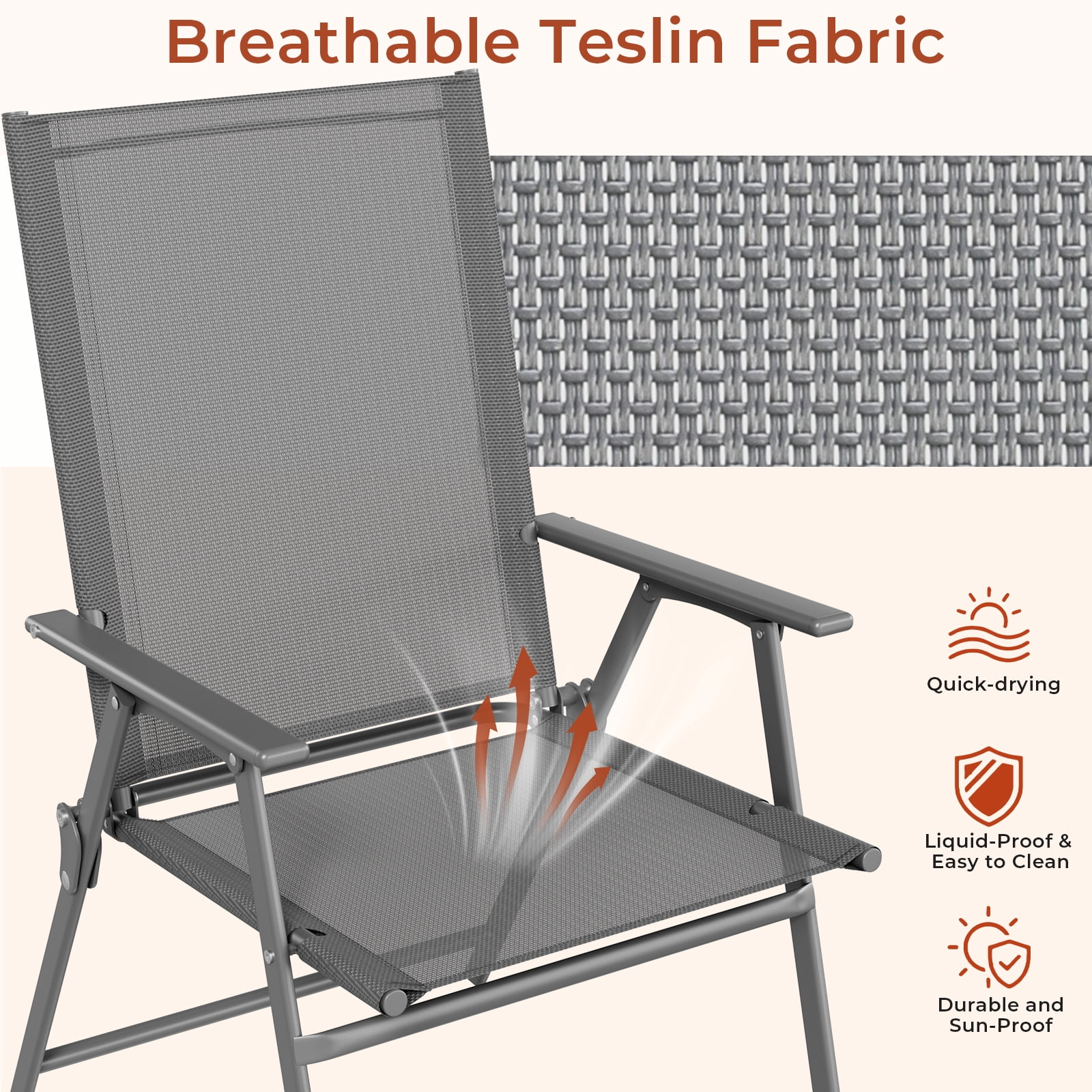 TLSUNNY 2 Pcs Patio Folding Chairs, Outdoor Portable Dining Chairs W/ High Back, Steel Frame, Armrests, for Yard, Camping