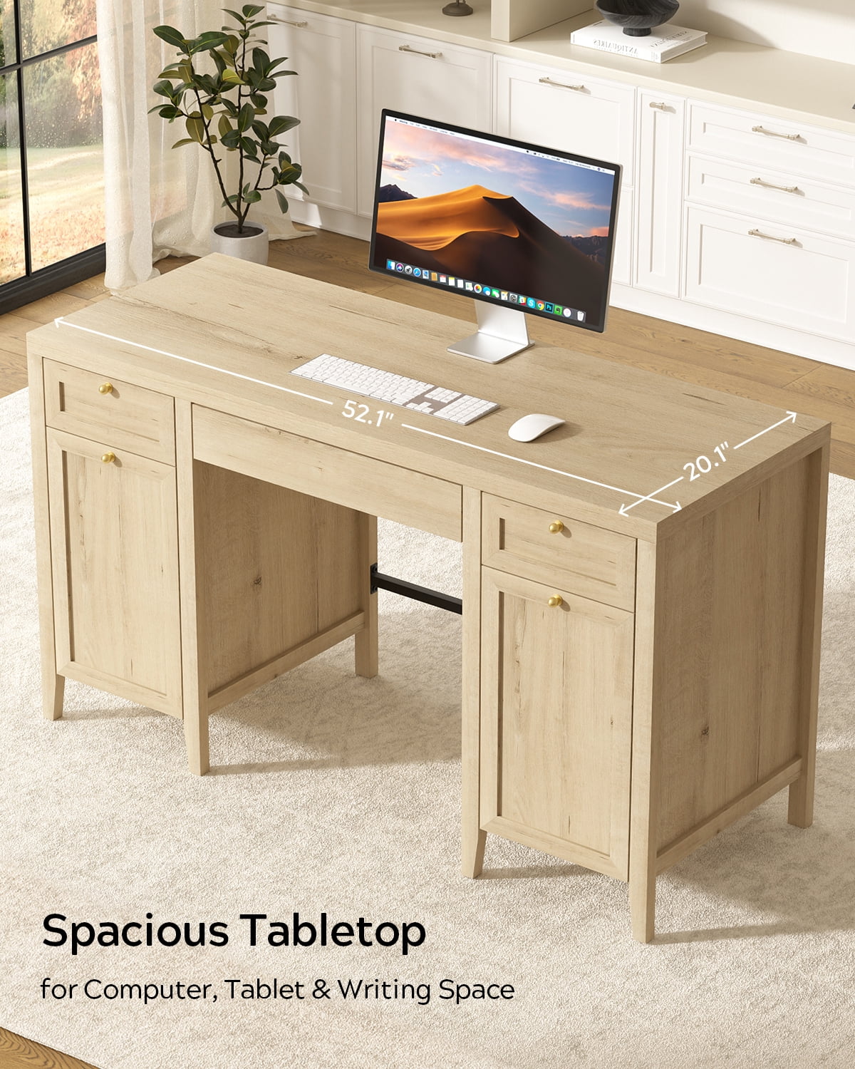 EYYTHUNG 52" Large Executive Desk with Drawers, Farmhouse Wooden Home Office Desk with Storage Cabinet, Modern Computer Writing Desk for Work Study, Workspace, Light Oak