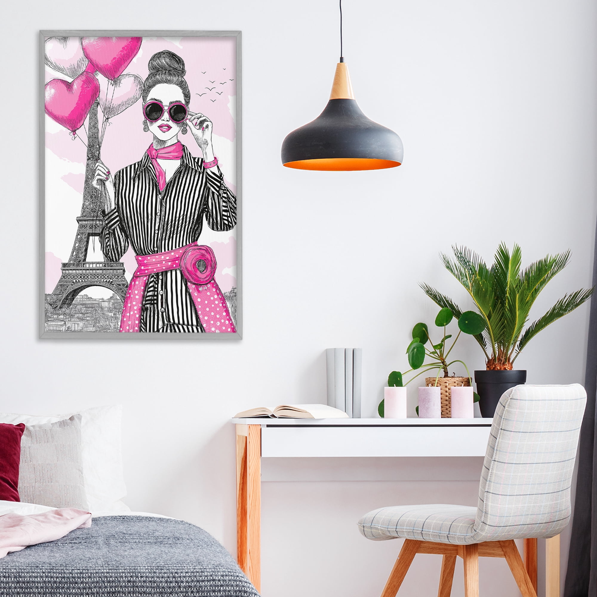 Stupell Industries Parisian Chic Woman with Balloons Gray Framed Giclee Art, design by Jess Stempel