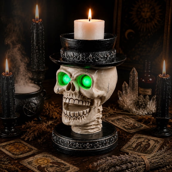 Skull Candle Holder with LED Glowing Green Eyes Laughing Jaw Top Hat Resin Halloween Tabletop Decor 10.63 Inch