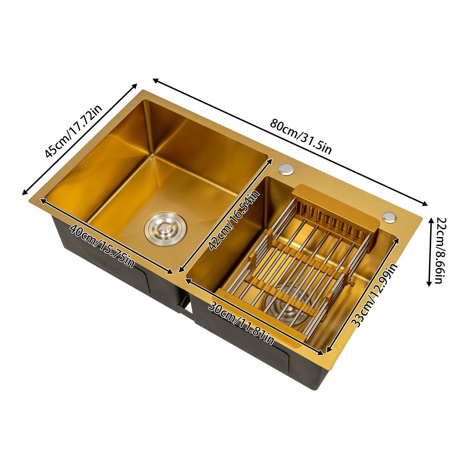 Gold Rectangular Stainless Steel Undermount Kitchen Sink, 80*45 cm Stainless Steel Kitchen Sink 2 Bowls 198.42 lbs Capacity Used in Kitchens, Bathrooms, Restaurants