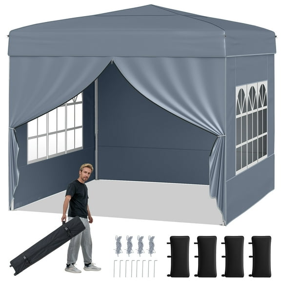 Gymax 10 X 10 FT Pop up Canopy Tent w/ 4 Sidewalls Wheeled Bag 4 Sandbags 8 Stakes Gray