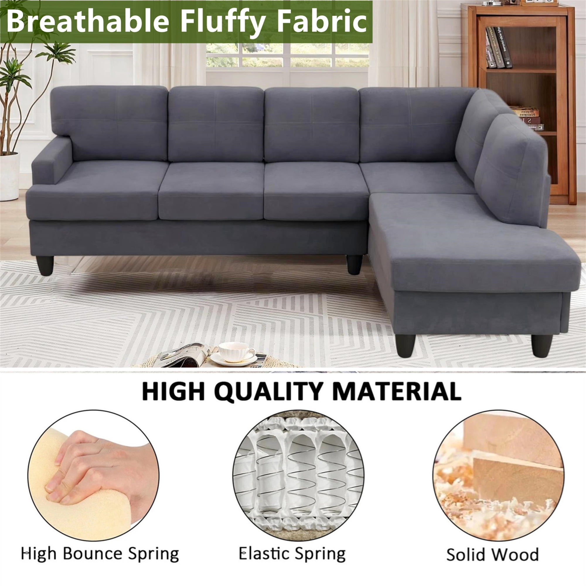 Aukfa 96" Sectional Sofa Deep Seat Couch for Living Room, Right Chaise, Flannel, Dark Gray