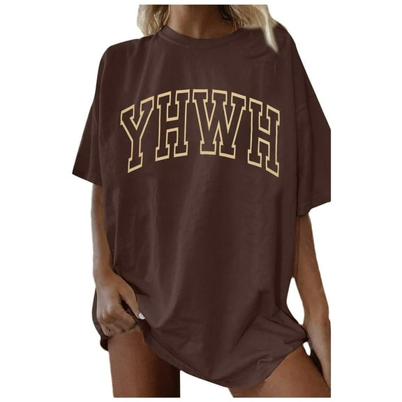 Womens Summer Tops Plus Size Casual Loose Letter Print Comfortable and Stylish Graphic Shirts for Women Brown L