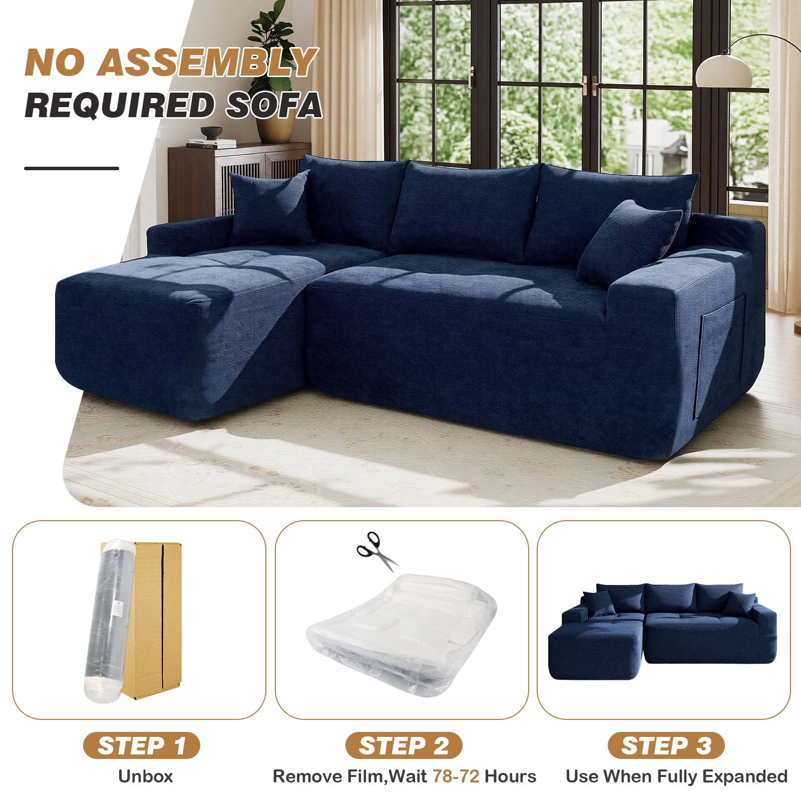 Lunale L-Shaped Modular Sectional Sofa with Left Chaise, No Assembly Required, Boneless Polyester Cloud Couch for Living Room, Blue