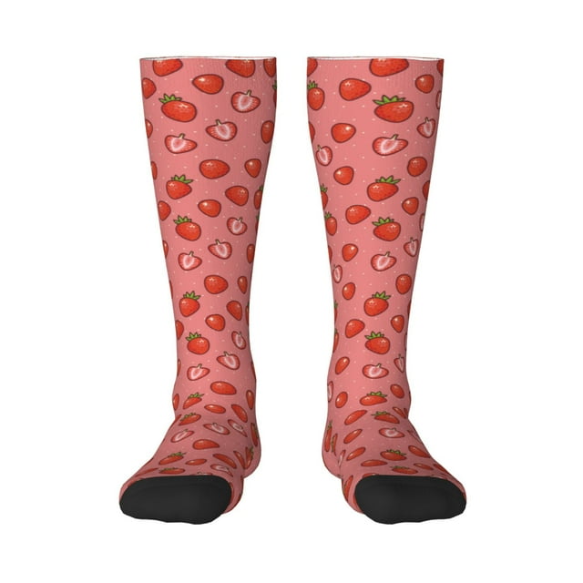Xecao Red Strawberry Pattern Adult Stockings with Color-Block Design and 3D Print, Breathable Comfortable Hosiery for Daily Wear and Sports