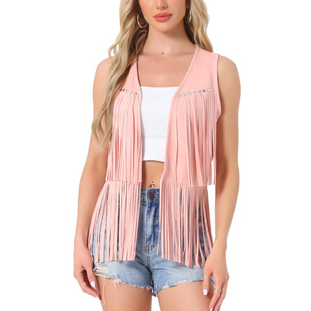 INSPIRAR CHIC Chaleco de Mujer con Flecos, Abierto, Estilo Occidental, Vintage, de Suede Sintético con Borlas, Rosa, Talla S