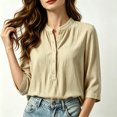 thumbnail image 2 of Asgosdo Tops for Women 3/4 Sleeve Collared Half Button Pleated Loose Fit Blouses Casual Comfy All Season Shirts, 2 of 5