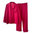 thumbnail image 1 of Gibobby Pijama de dos piezas para mujer Pijamas de seda de hielo con solapa y botones de manga larga con plumas sexis para mujer, traje de dos piezas para el(Rosa caliente,G), 1 of 5
