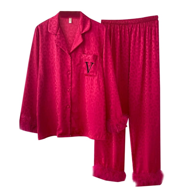 Gibobby Pijama de dos piezas para mujer Pijamas de seda de hielo con solapa y botones de manga larga con plumas sexis para mujer, traje de dos piezas para el(Rosa caliente,G)