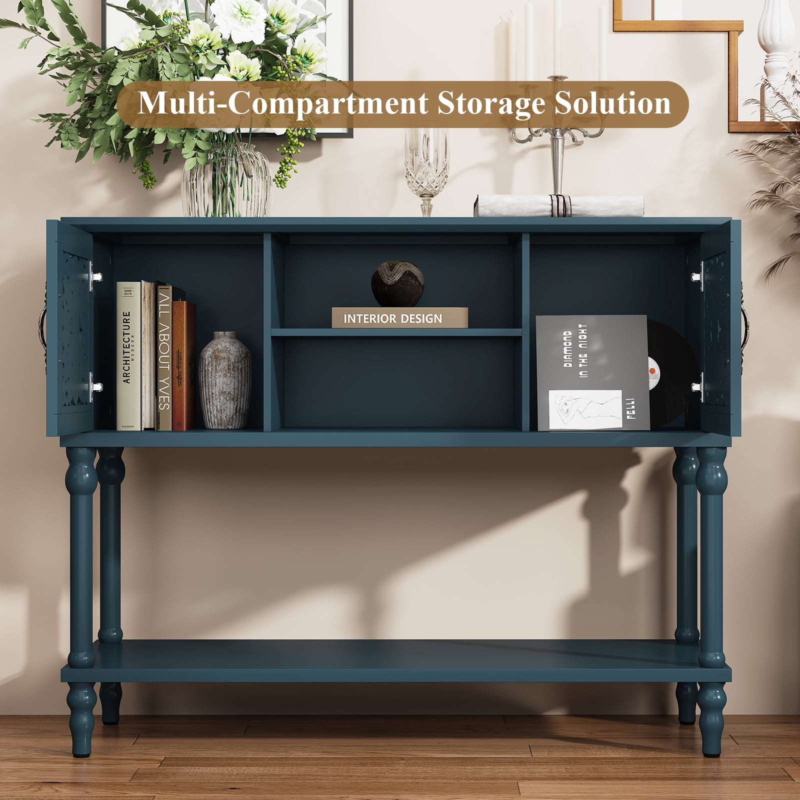 HLR Modern 42" Console Table with Storage, Entryway Table Wood Behind Couch with Shelves for Living Room, Blue