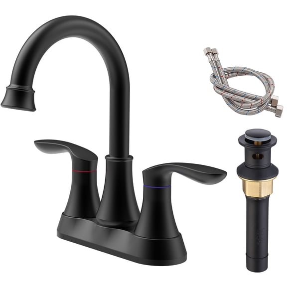 JERFIT 6-inch Centerset Bathroom Sink Faucet with Pop-Up Drain, 2-Handle High Arc Swivel Spout in Matte Black, Complete Supply Lines