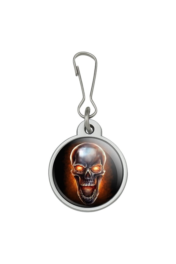 Chrome Metal Flaming Skull Jacket Handbag Purse Luggage Backpack Zipper Pull Charm