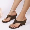 thumbnail image 3 of Women's Low Wedge Sandals Trendy Dressy Square Open Toe Summer Beach Flip Flops Thong Heeled Sandals Brown Size 7, 3 of 6
