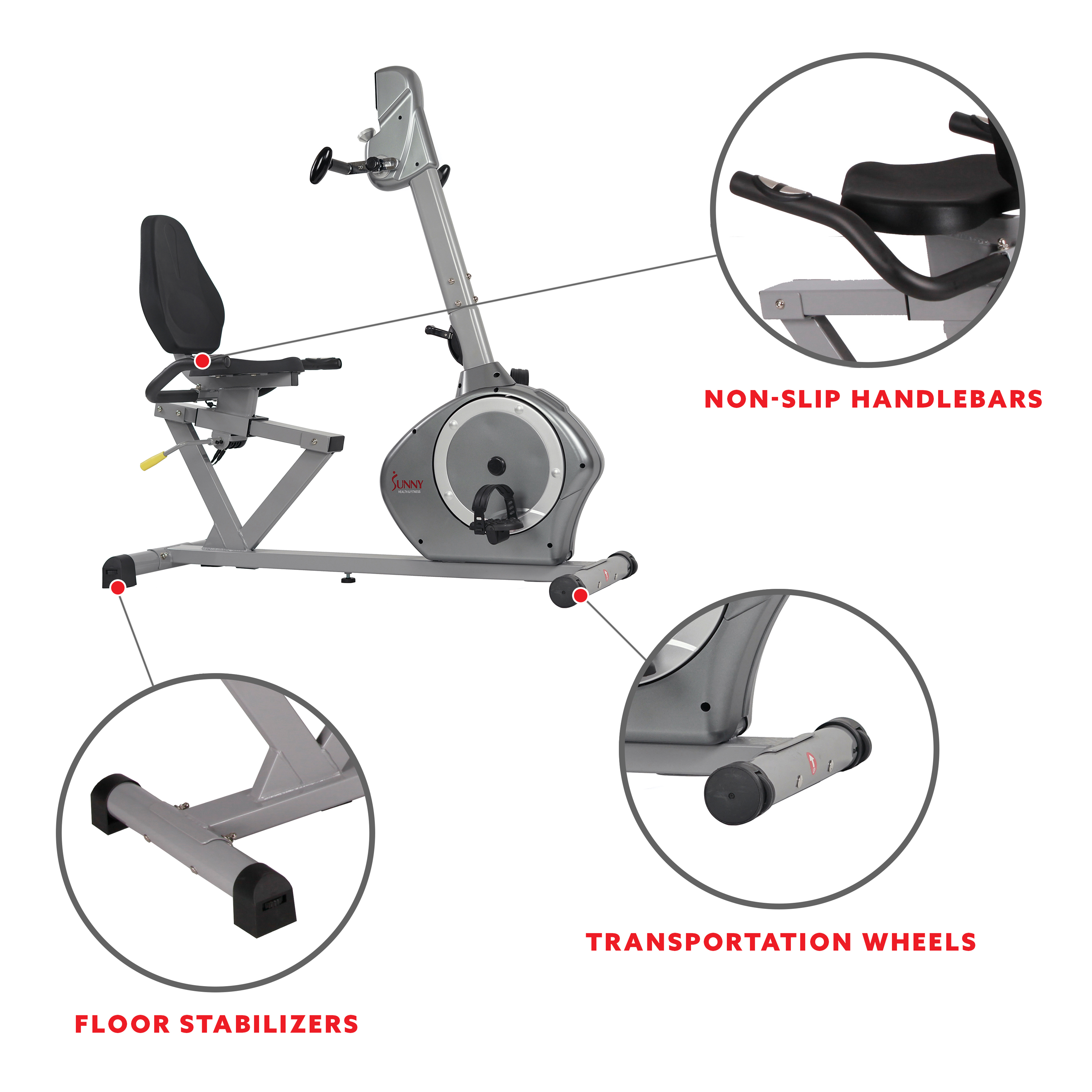 Sunny Health & Fitness Stationary Magnetic Recumbent Indoor Cycle Bike, 350 lb Weight Capacity, Arm Workout Exercisers, SF-RB4631 - image 5 of 8