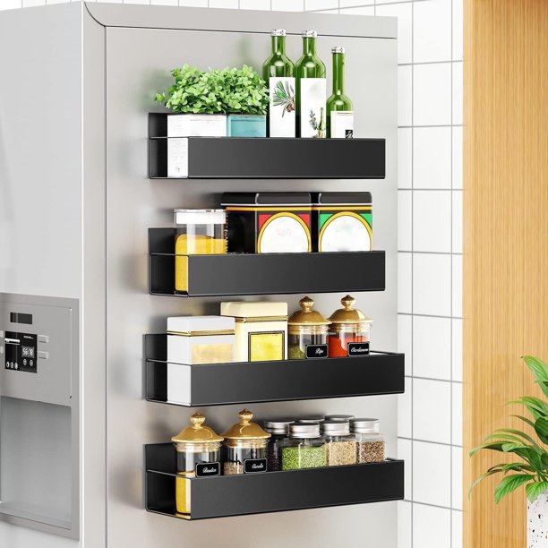 HAWOO Especieros para Cocina Magnético - Paquete de 4 Estante Organizador Estante Magnético de Metal para Refrigerador Organizador de Cocina para HAWOO Especias Condimentos Frasc