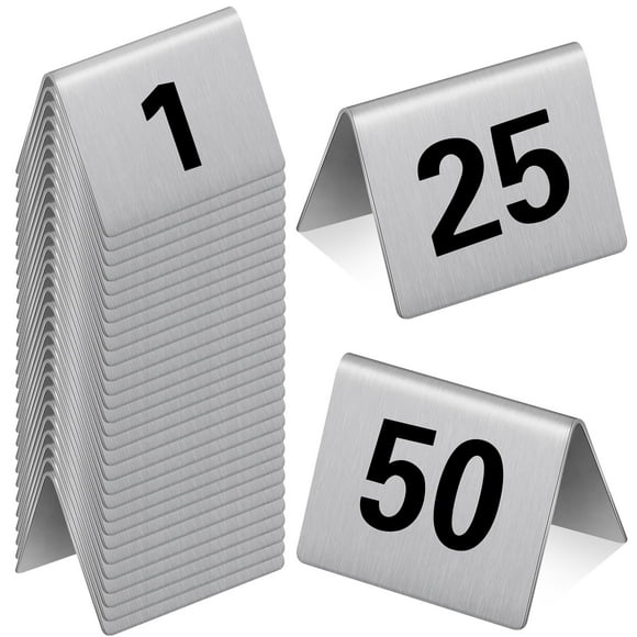 Wenqik 50 Pcs Stainless Steel 1-50 Table Numbers Tent 2 x 1.6 Inches Style Restaurants Table Number Card Tent Cards for Cafes Bars Party Banquets Food Service Wedding Evidence Mar
