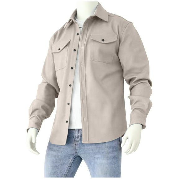 Men's Solid Color Shirt Casual Shacket Long Sleeve Button Down Western Lightweight Jacket with Flap Pockets Beige XXXL
