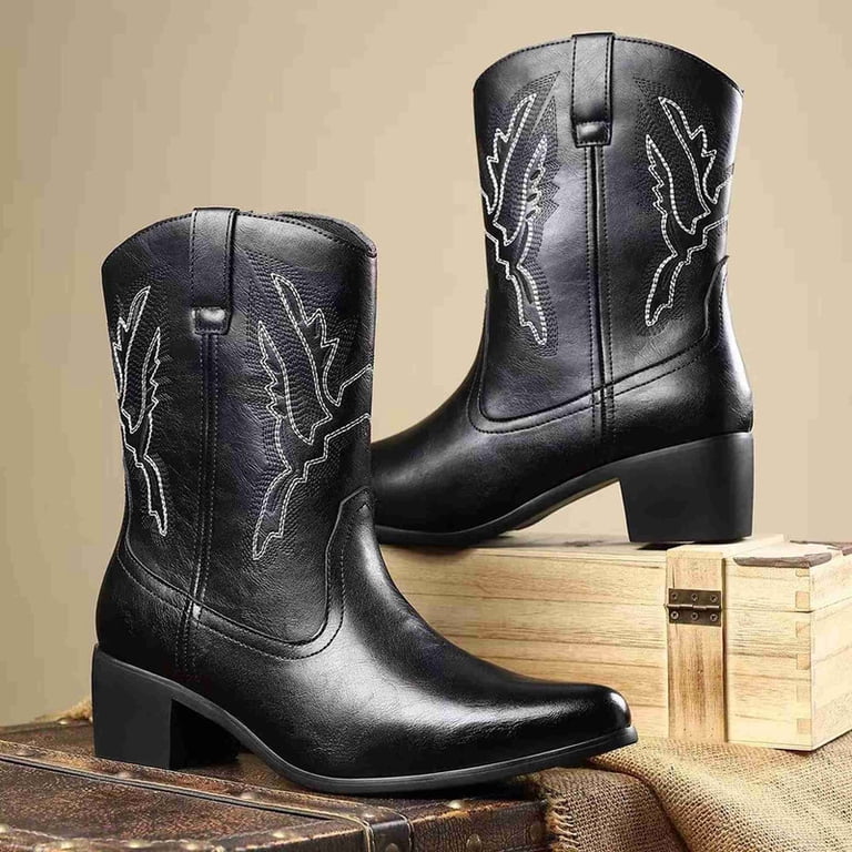 Men's Mid Calf Western Cowboy Boots, Retro Style Side Zipper Eagle