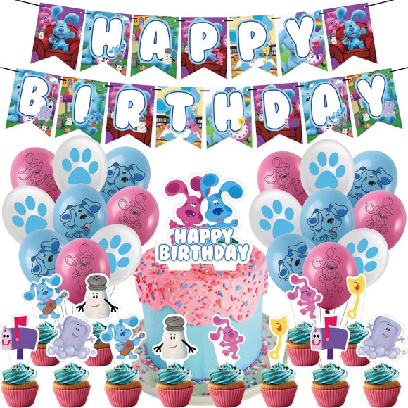 Ensemble de Décoration de Fête 32 Pcs pour Bleus Dessin Animé pour Indices Comprend Bannière, 18 Ballons, 13 Pics à Cupcakes pour Célébrations à Thème