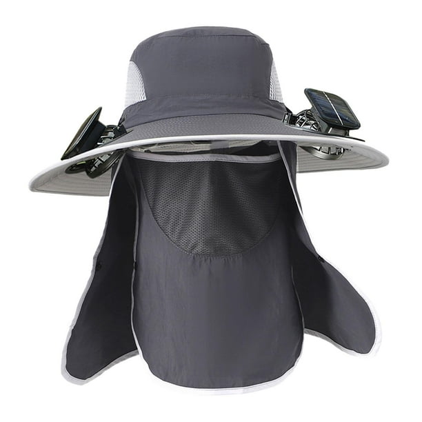 Sombrero para el sol con 2 ventiladores solares y solapa para el cuello, sombrero de pescador de verano para hombre, mujer y hombre Gris oscuro