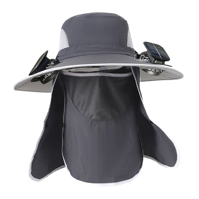 Sombrero para el sol con 2 ventiladores solares, recargable por USB y con solapa para el cuello, ala ancha para hombre Gris oscuro