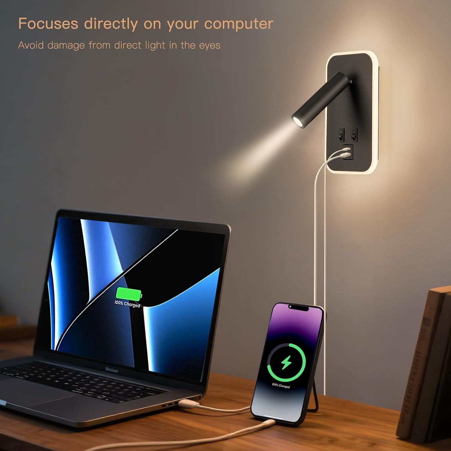 Wall Mounted Bedside Reading Light with 10W+3W Adjustable Headboard Lamp, USB-C+A Ports, Hardwired Plug-in Wall Sconce, 3000K Warm White, Black Finish