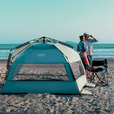 OutdoorMaster Pop Up Beach Tent for 4 Person - Easy Setup and Portable Beach Shade Sun Shelter Canopy with UPF 50  UV Protection Removable Skylight Family Size - Light Blue Gray