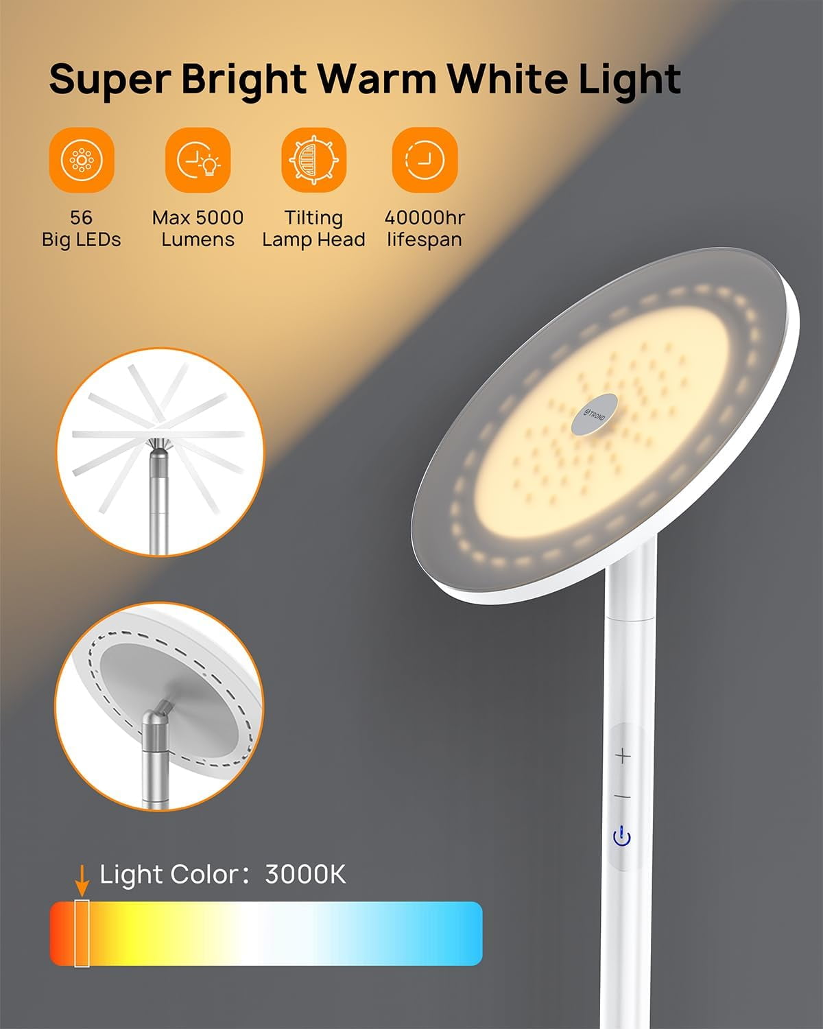 TROND LED Torchiere Floor Lamp, Dimmable 30W, 3000K Warm White, 71 inch Tall, 30-Minute Timer, Silver