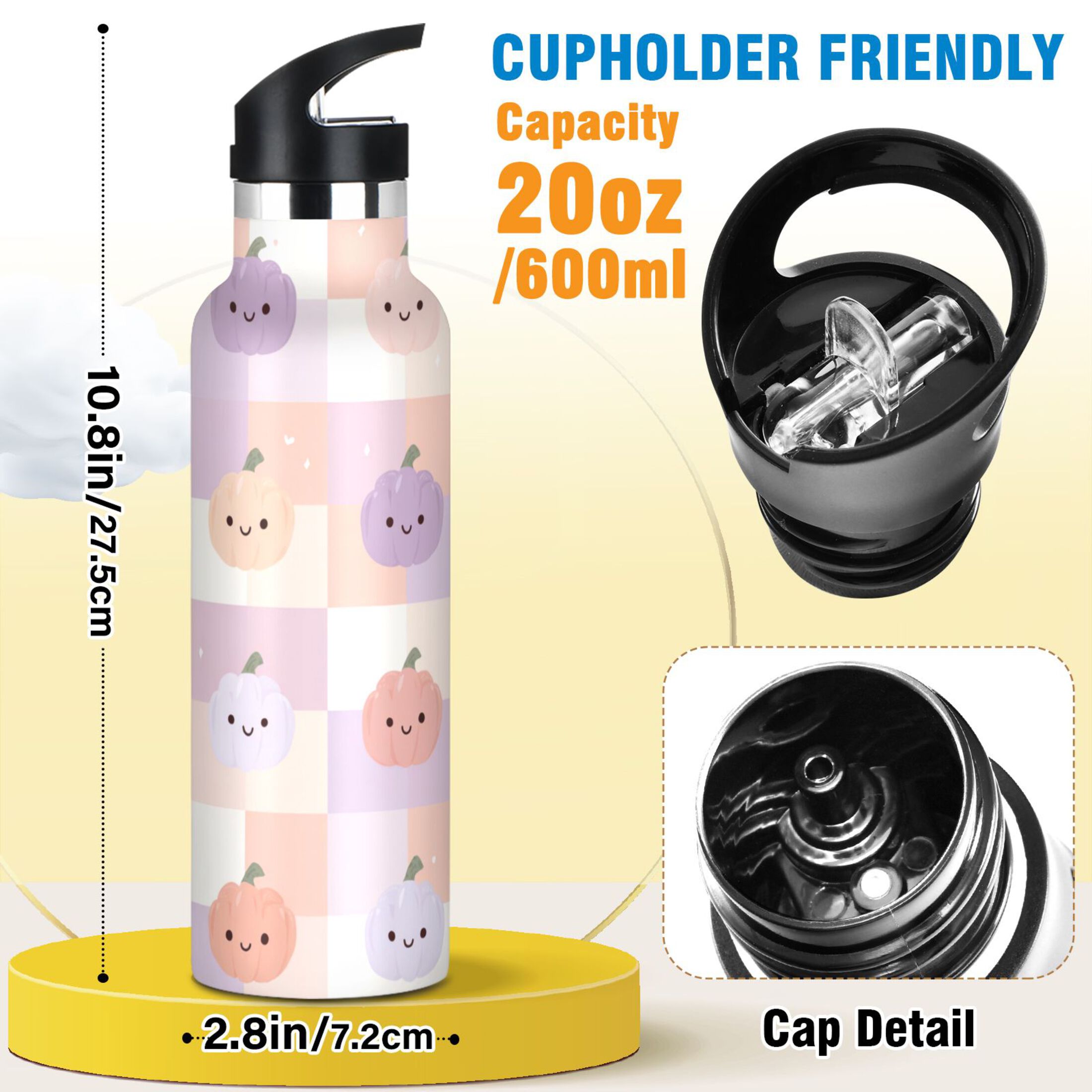 Kids Insulated Stainless Steel Sports Water Bottle 600ml (20oz) Light-colored Pumpkin