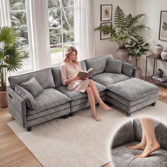 108" Sectional Sofa, L Shaped Modular Cloud Couch with Movable Ottoman, Comfy Deep Seat Chenille Fabric Sofa for Living Room, Apartment - Grey