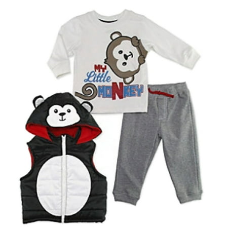Boyz Wear Infant Boys 3-Piece Monkey Outfit Hooded Vest Shirt & Pants Set