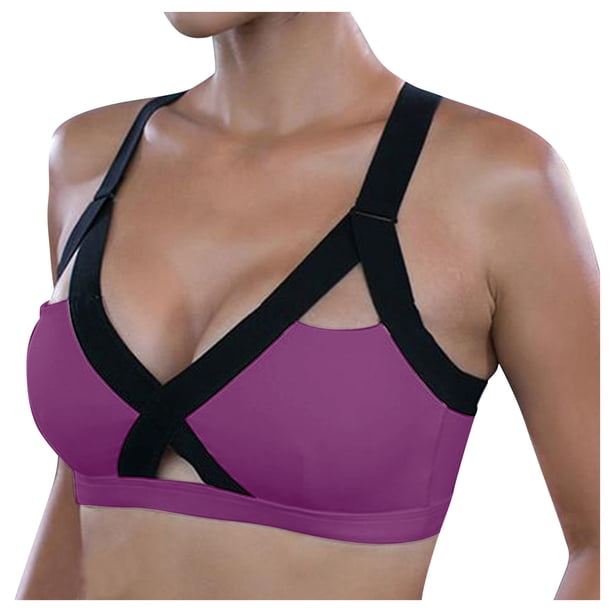 Gibobby Sports Sujetadores para mujer Cruz Frontal Chaleco Color Tops Ladies'plain Bra Lace Cup Side Full Bra(Morado,XXL)