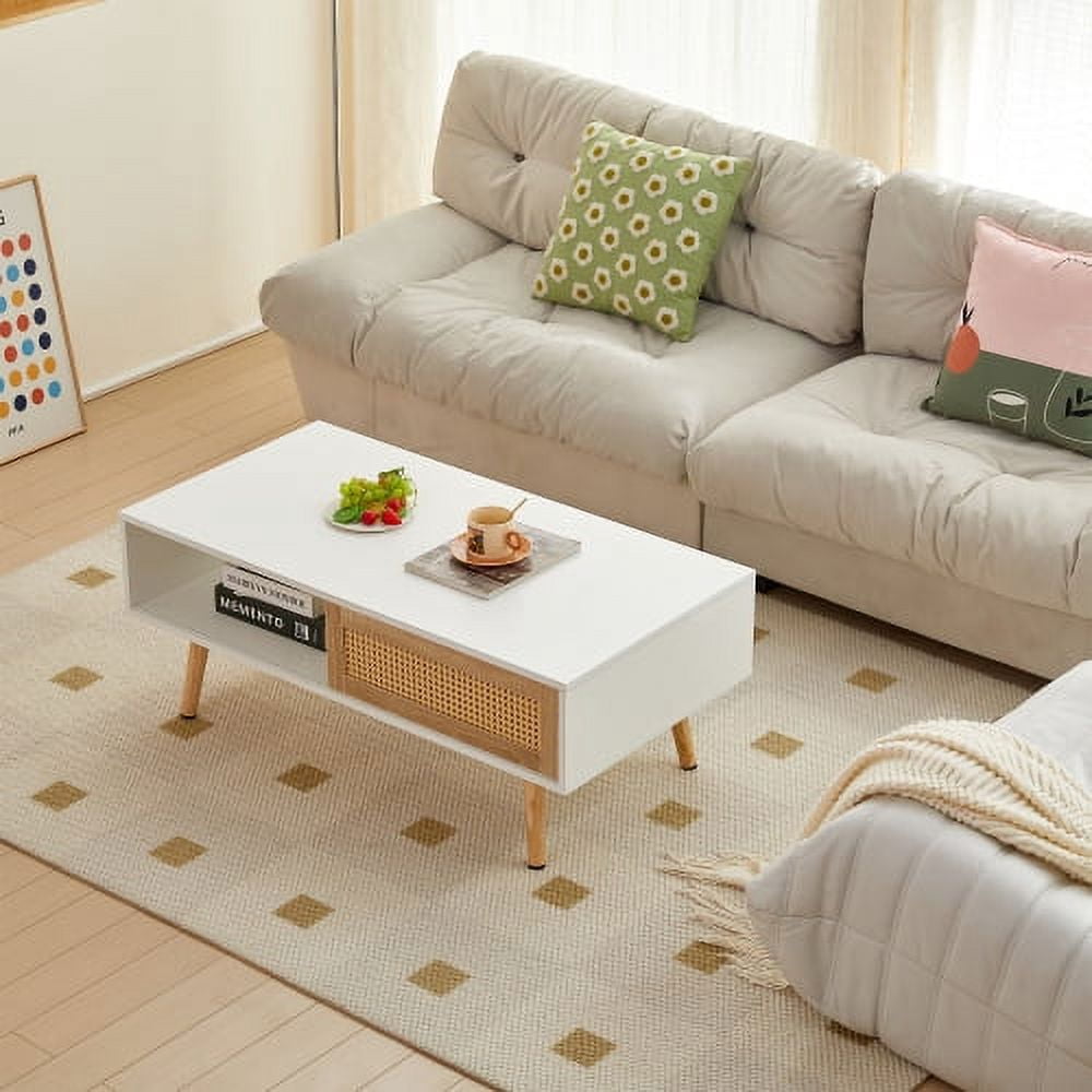 BSHTI 41.34 inch Rattan Coffee Table, 41.34 inch Modern Sliding Door Table for Livingroom(White)
