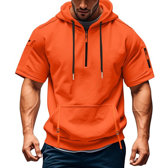 Mens Tactical Short Sleeve Half Zip Hoodie Muscle Fit Pullover Sweatshirt Cargo Arm Pocket Drawstring Hood Zipper Pocket Summer Streetwear Orange 3XL
