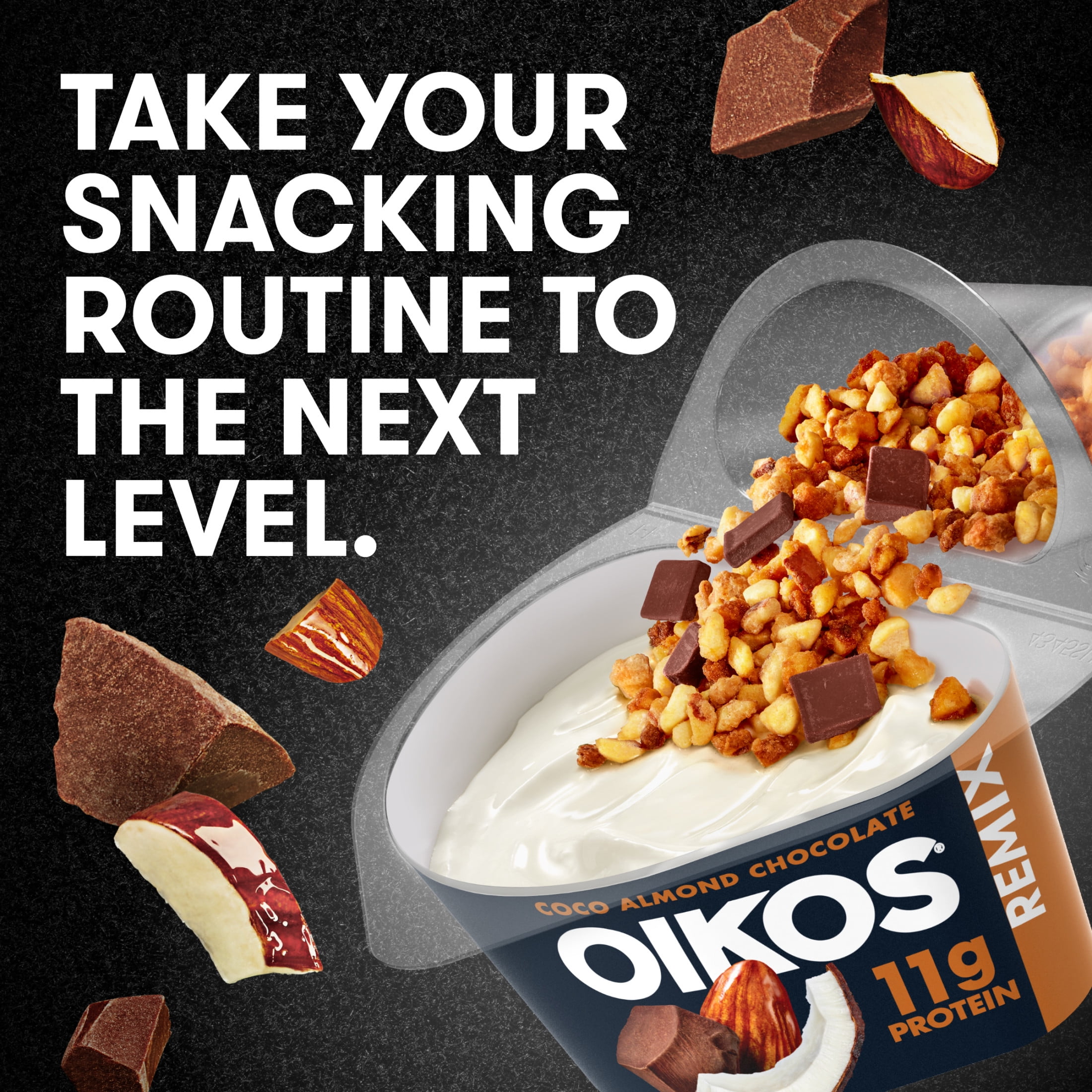Oikos REMIX Coco Almond Chocolate 11g Protein, Coconut Fat Free Greek Yogurt Cup with Honey Praline Almonds and Dark Chocolate Mix-Ins, 4.5 oz