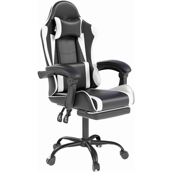 Gaming Chair with Headrest and Footrest for Home Office, White