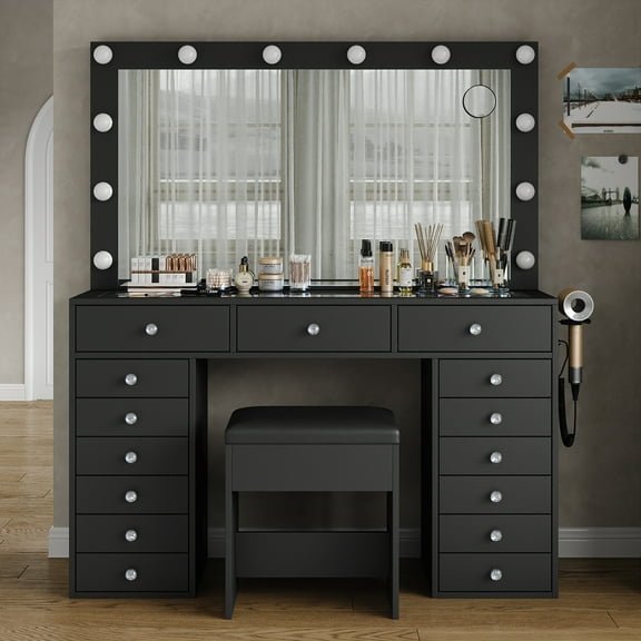 Yanosaku Vanity with Power Outlet, Vanity Desk with Mirror and LED Lights, Vanity Table with Chair for Bedroom